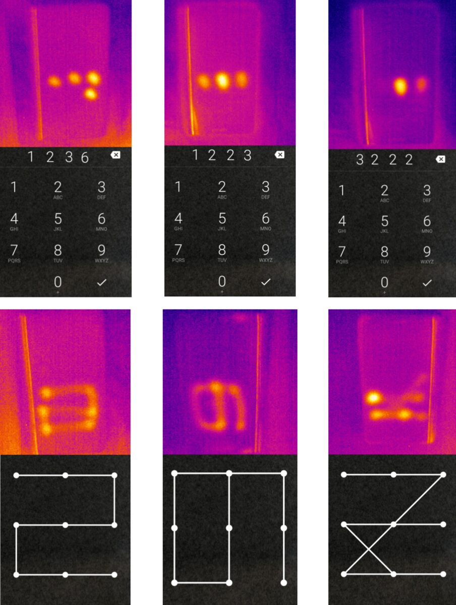 Six thermal camera frames of a phone in pink and purple, each showing bright orange spots or a traced line where fingers touched the screen, paired underneath with the PIN or unlock pattern that left them
