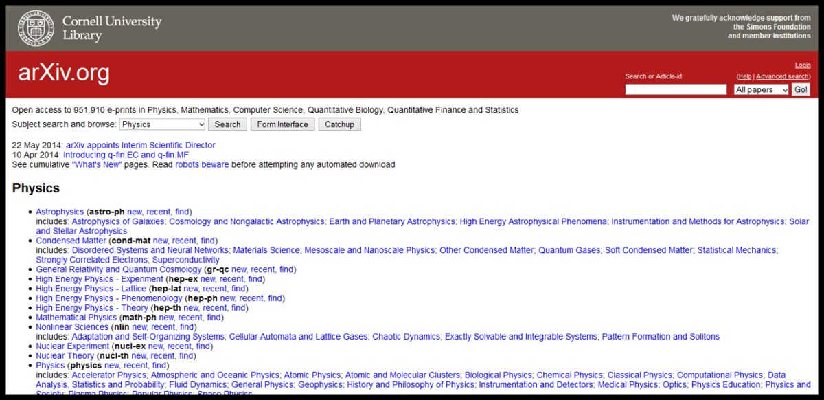 The arXiv.org front page under a Cornell University Library banner, with a search box and a list of physics categories such as Astrophysics and Condensed Matter