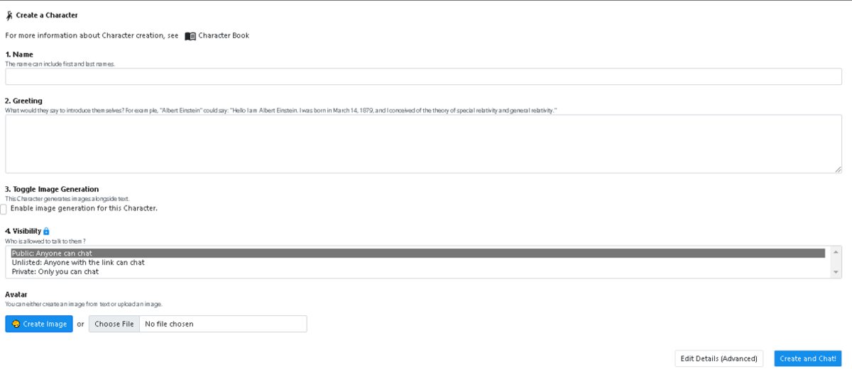 The Create a Character form on the Character.ai website, with boxes for a name and greeting, an image generation toggle, a visibility list and a Create and Chat button
