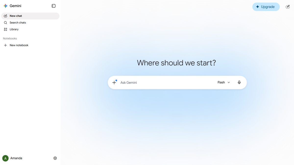 The Gemini web app's start screen, with a sidebar listing New chat, Search chats and Library, and an Ask Gemini prompt box in the middle set to Flash
