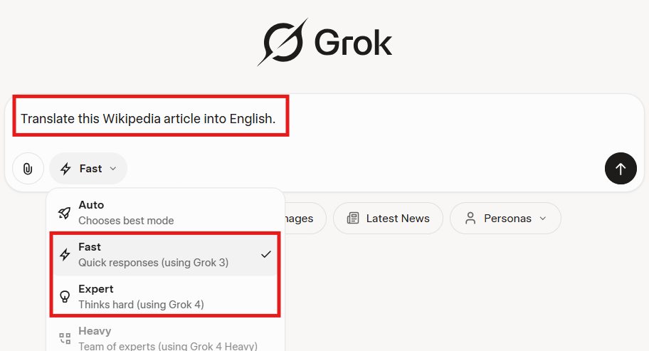 The Grok chat box with a translation prompt, above a menu of Auto, Fast, Expert and Heavy modes naming Grok 3 and Grok 4