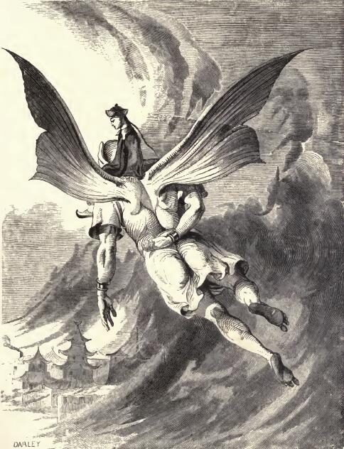 Engraving of a huge winged genie flying through storm clouds with a man in a robe and cap riding on its back, pagoda roofs far below.