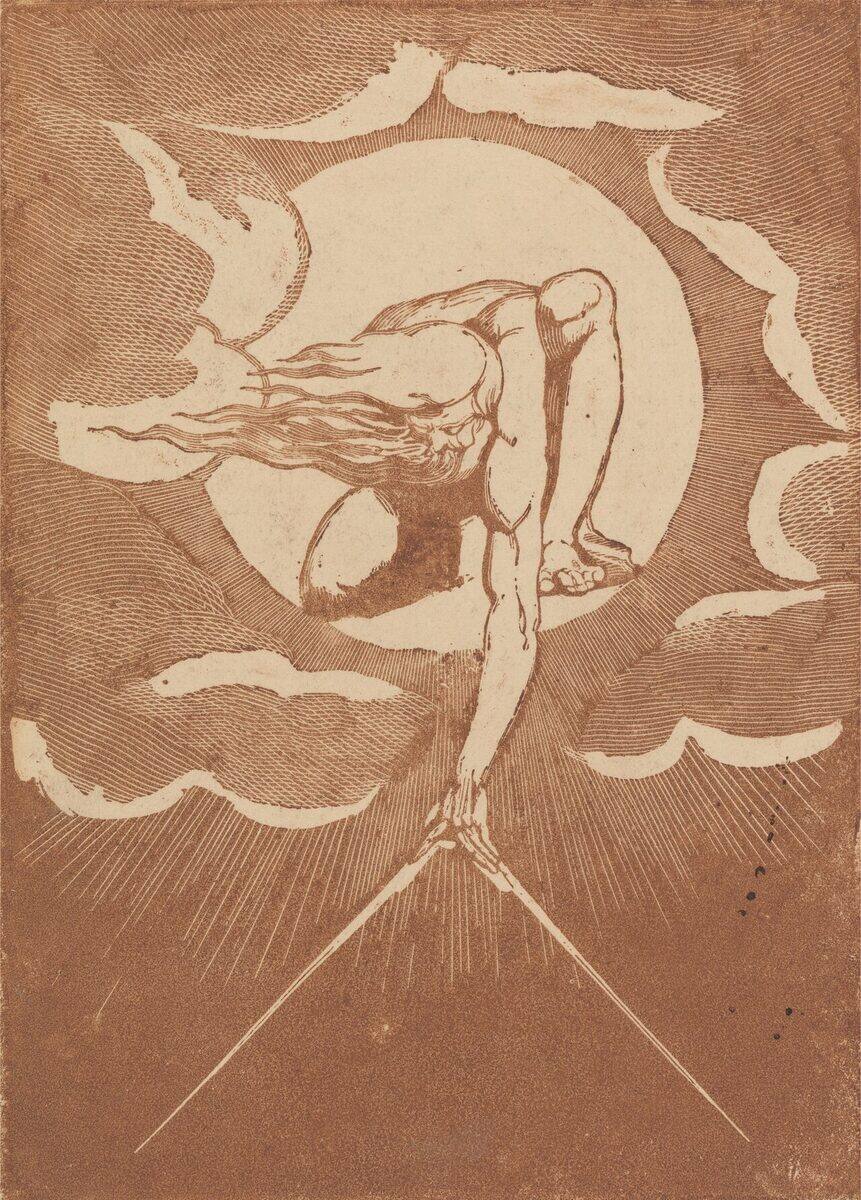 Reddish-brown print of a bearded old man crouched inside a bright disk among clouds, reaching down with a pair of dividers spread wide.