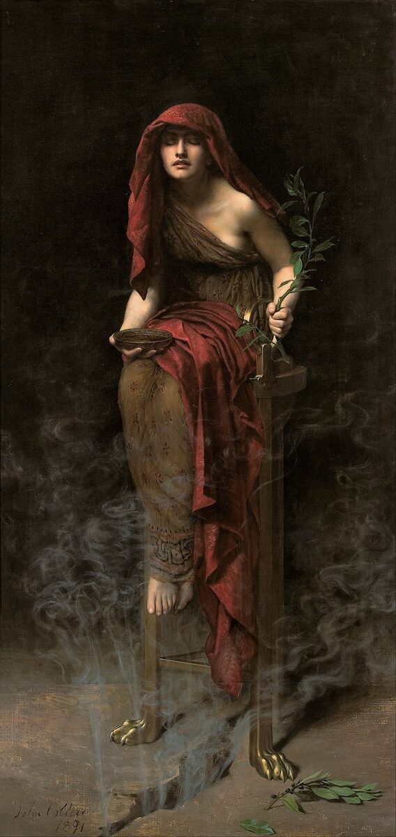 Painting of a woman in a red shawl on a tall three-legged stool, eyes closed, holding a shallow bowl and a laurel sprig, with vapor rising from a crack in the floor.