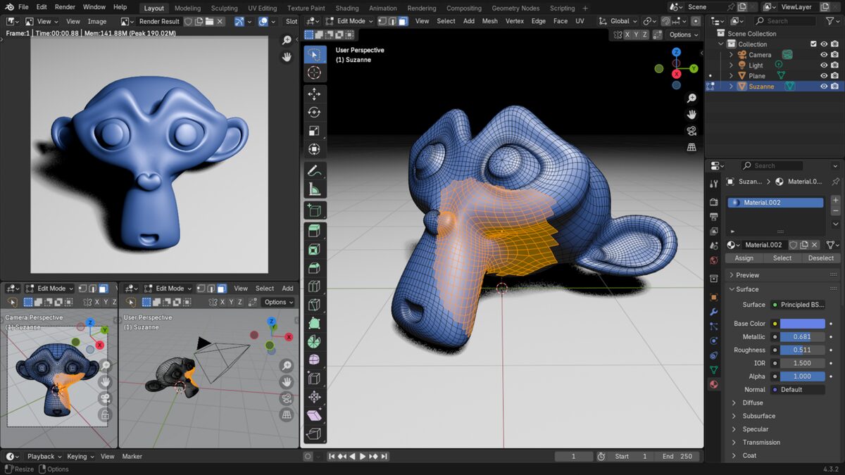 Blender 4.3.2 split into panels: a rendered blue monkey head on the left, the same head as a wireframe mesh with an orange selected patch in the middle, and material settings on the right.