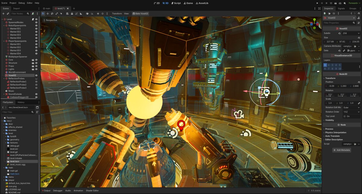 The Godot 4.6 editor with a 3D level open: a sci-fi interior of orange and teal machinery, with the scene tree and project files on the left and the Inspector panel on the right.