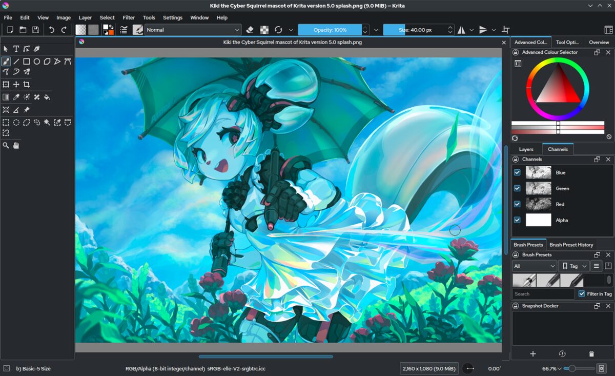 Krita 5.0 with a painting of Kiki, the program's squirrel mascot, holding a green umbrella, with the brush tools down the left side and a color wheel on the right.