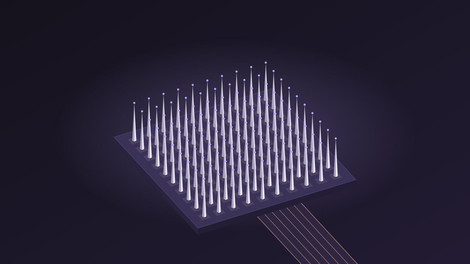 Illustration: a square chip seen from above at an angle, covered in a ten-by-ten grid of tall, tapering silver needles with glowing tips, and a flat ribbon of wires leading off one edge.