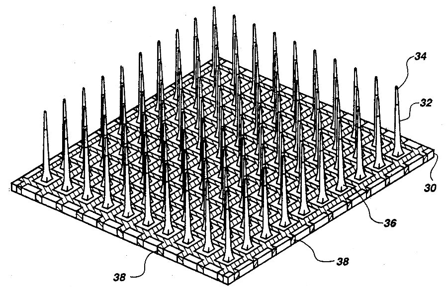 Patent drawing of the Utah electrode array, a small square grid of needle-like electrodes on a base.