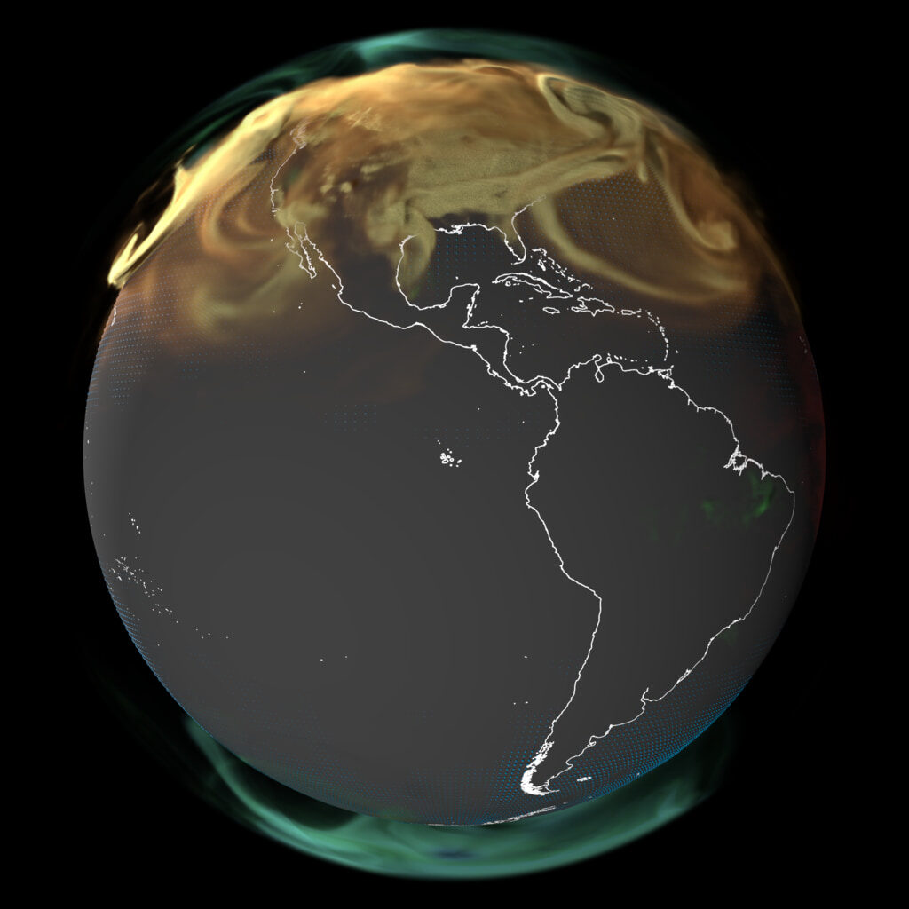 Globe centered on the Americas with swirls of carbon dioxide colored by source: fossil fuels in orange, fires in red, land in green and ocean in blue.