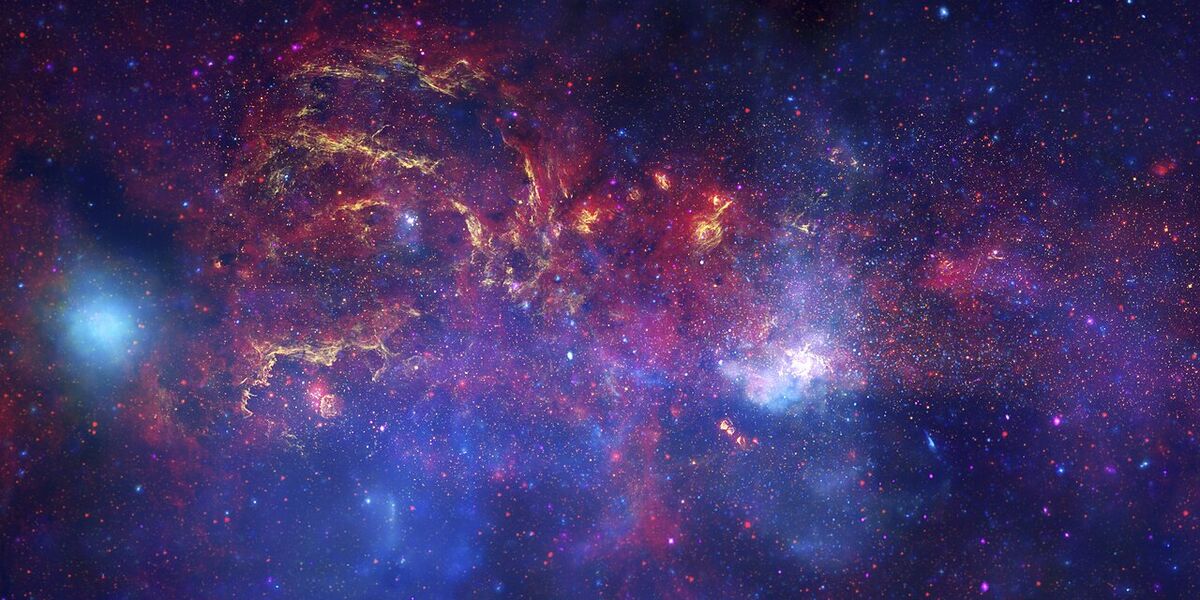 A dense field of stars in purple and blue, crossed by glowing red and gold wisps of gas, with a bright blue-white patch at the far left.