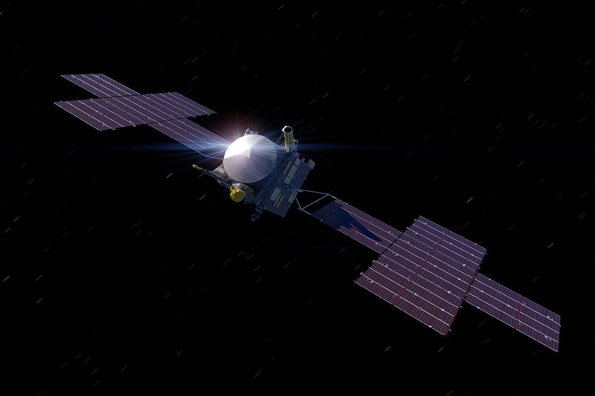 An illustration of a spacecraft with a round silver antenna and two long, cross-shaped solar panel wings, glinting in sunlight against black space.