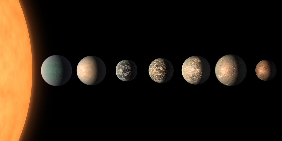 An artist's row of seven small planets in front of the curved orange edge of a red dwarf star, from a watery blue-green world to cracked, icy ones.