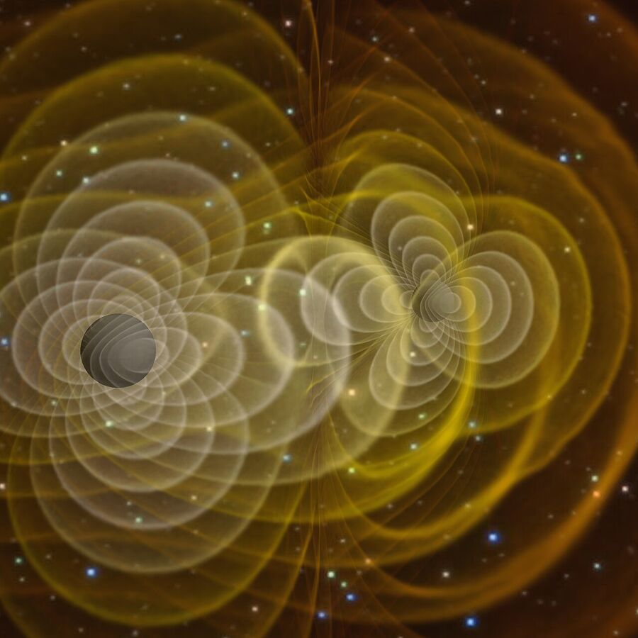 Golden rings of ripples spreading out from two dark spheres, like overlapping waves on a pond, against a starry background.