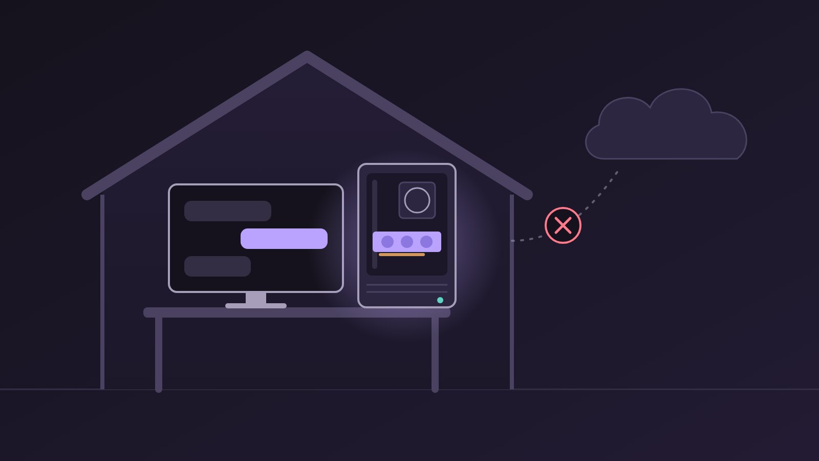 Illustration: inside the outline of a house, a monitor showing a chat and a desktop tower with a lit graphics card sit on a desk, while a dotted line from the house toward a cloud outside is crossed out with a red X.