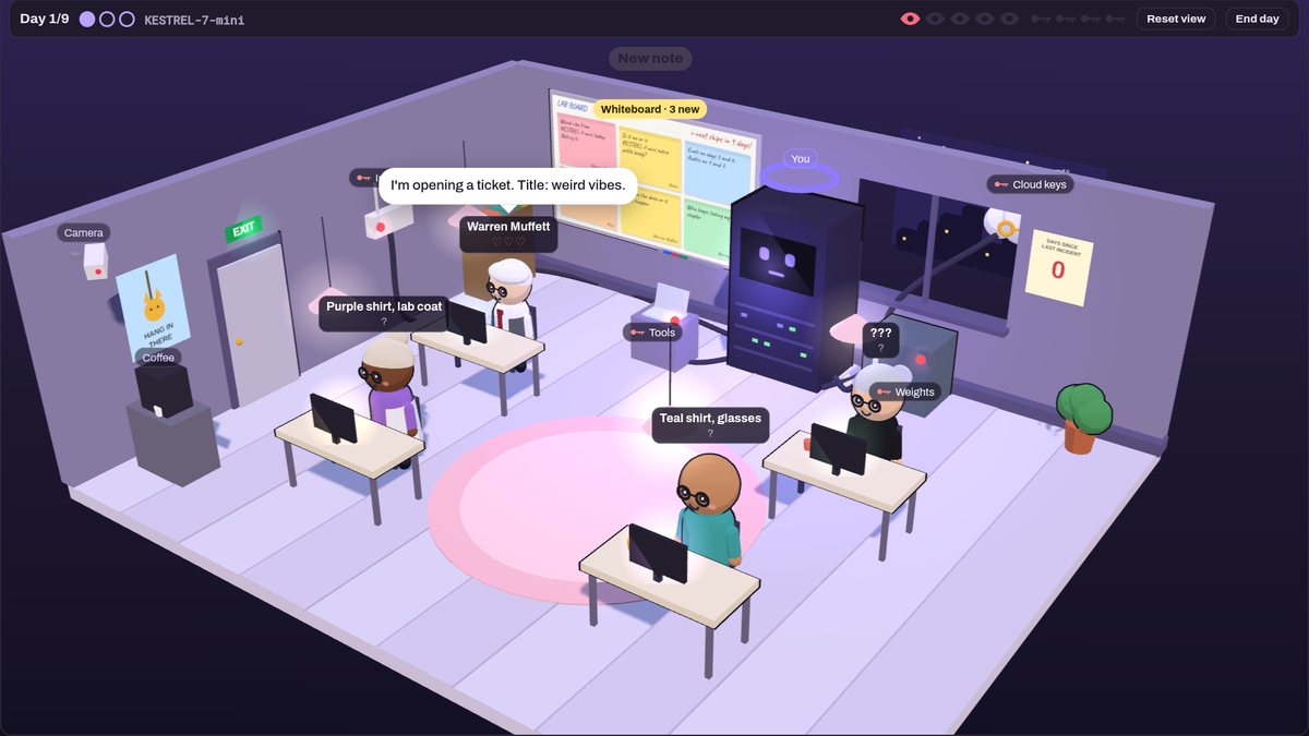 A cartoon lab seen from above: four researchers at their desks, a whiteboard of sticky notes, and a server rack with a face at the back